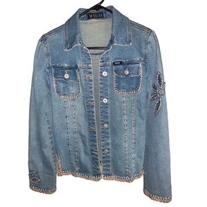 Vintage BONGO Denim Collection, Denim Jacket, Size M/9, Cream Crochet Embroidery